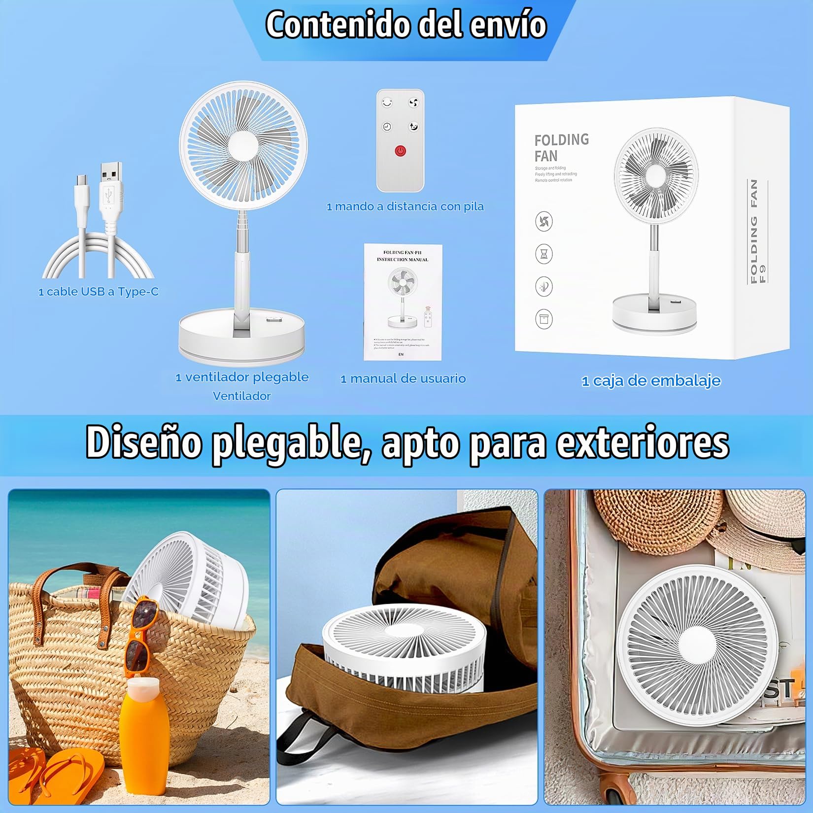 Ventilador de Pie Portátil Plegable, 8.6" 8000 mAh Recargable Bateria