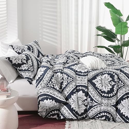 Vista 31 de PERHOM Funda de edredón azul Queen – Funda de edredón de damasco de cachemira tamaño Queen, juego de funda de edredón de 3 piezas, 100% algodón