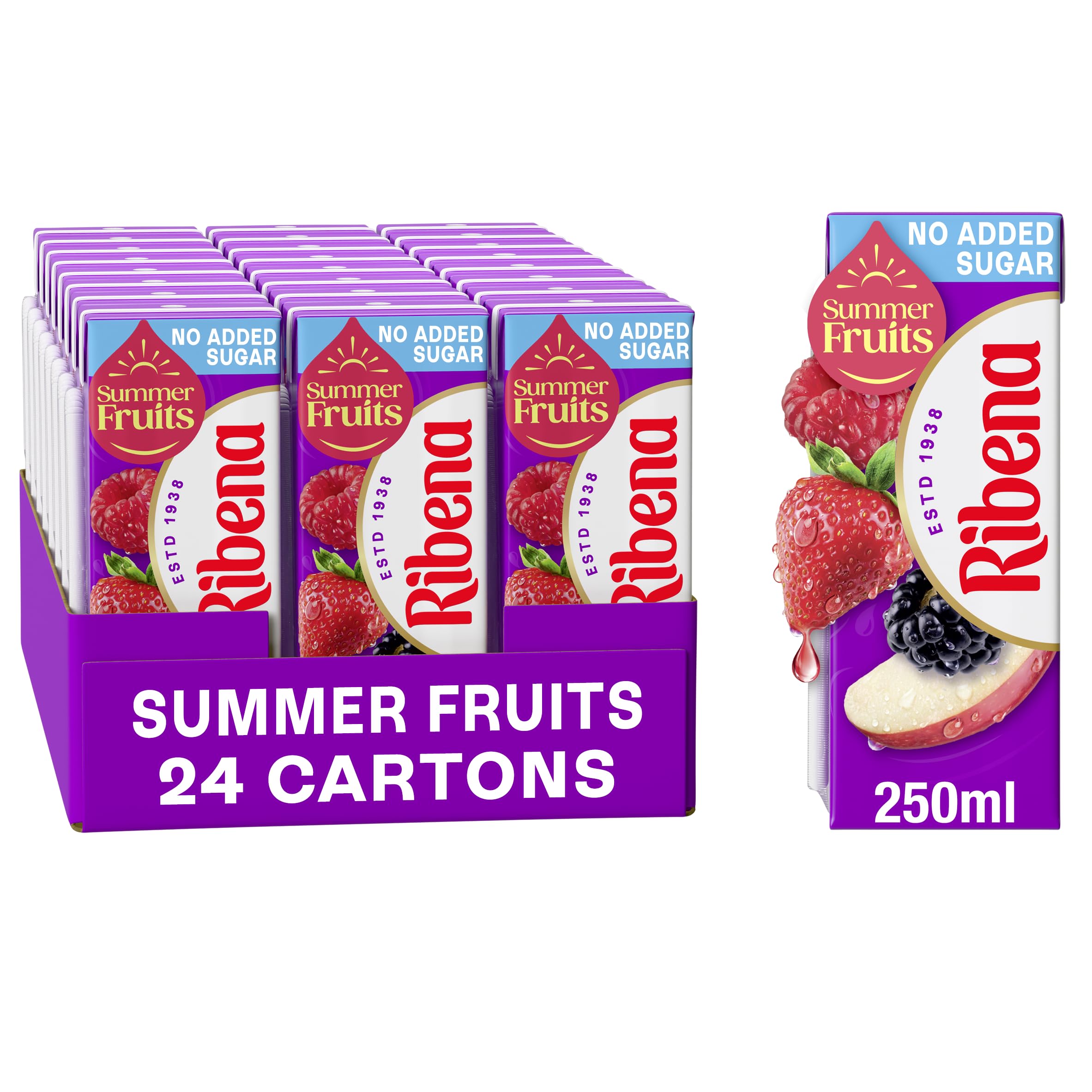 Ribena Summer Fruits No Added Sugar Cartons - Multipack 24x 250ml | Real Fruit | Rich In Vitamin C | No Artificial Colours or Flavours | Ready to Drink