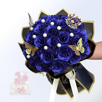 Glitter Roses Bouquet, Shiny Artificial Roses Flowers with Stems DIY Fake Glitter Flowers Bouquet for Valentines Day, Anniversary, Graduation, Birthday, 24 Roses Blue