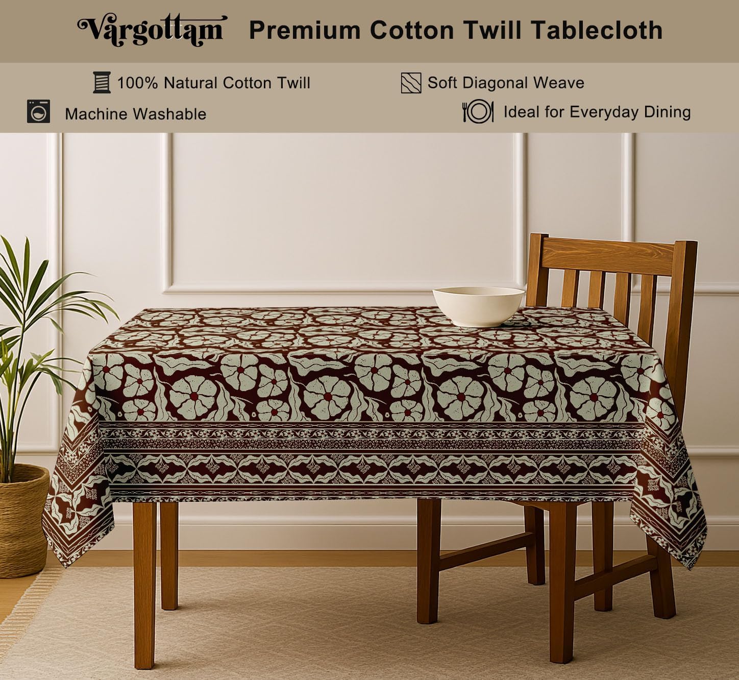 Watercolor Design Tablecloth- Brown 60x60 Inch Cotton Twill Dining Table Cover, Perfect for 4 Seater Tables, Durable, Protective & Washable, Ideal for Everyday Use, Occasions & Gathering