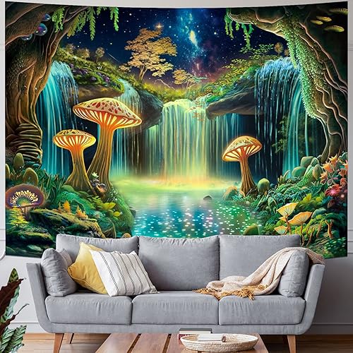 Miniatura 3 de Ameyahud - Tapiz de bosque de fantasía con luz negra UV reactivo, cascada, tapices, tapiz de cielo estrellado, planta de neón, decoración de pared