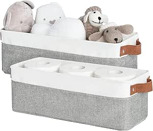 StorageWorks Narrow Storage Bins, Small Basket for Closet and Shelves, Fabric Organizer with Handles, Toilet Paper Storage, Grey and White, 2-Pack