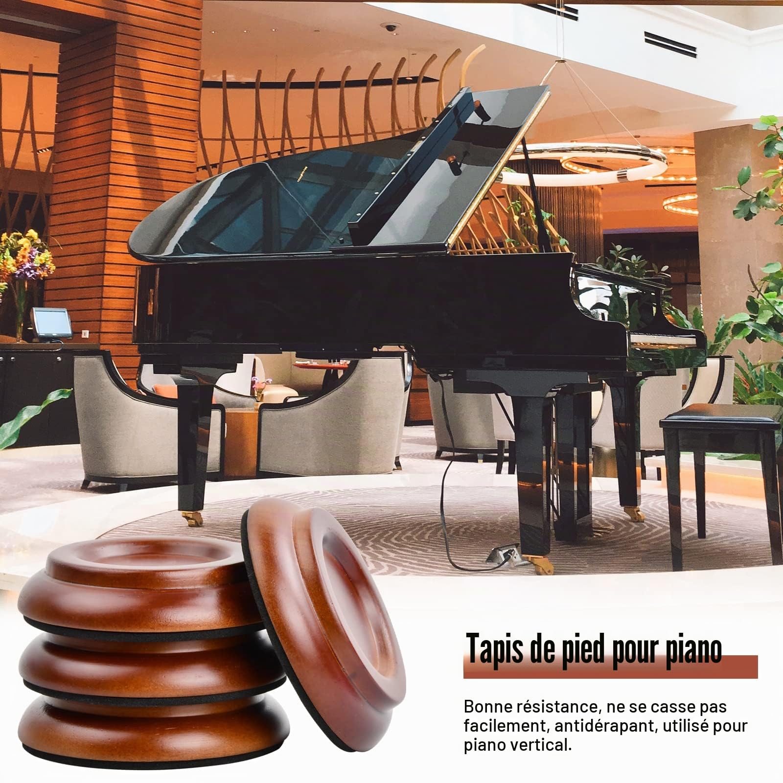 4pc Protection Pieds de Piano, Marron Coupelle en Bois de Piano, Coussinets de Pied de Piano, Protection de Sol pour Piano avec Coussinet, Tampons de Protection pour Pieds de Meuble, Roulette de Piano