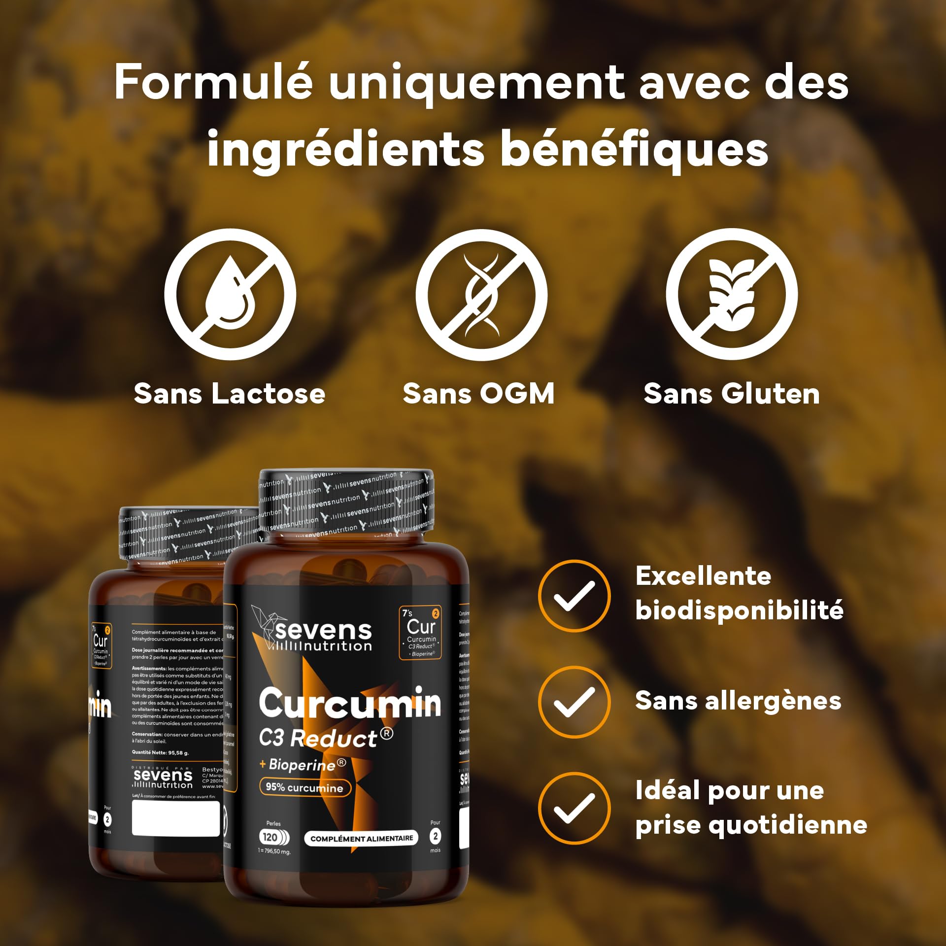 Curcumine C3 Reduct® avec BioPerine 95% – Curcuma Premium avec Huile d’Olive et MCT – 120 Softgels – Puissant Anti Inflammatoire Antioxydant Naturel Haute Absorption – Sevens