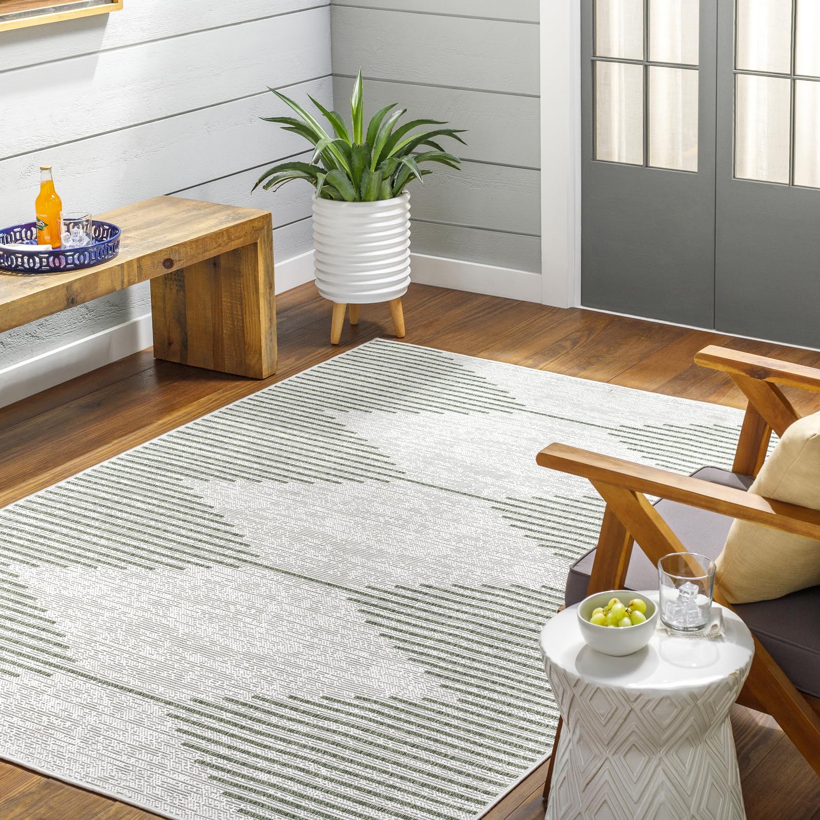 Livabliss Dolly Sevilla Indoor Outdoor Carpet 130x180 cm, Living Room, Dining & Kitchen, Waterproof, Stain Resistant, Durable Boho Style, Green Ivory
