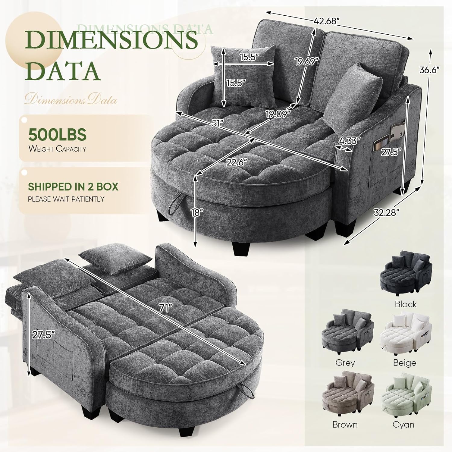 Chaise Lounge Chair Indoor, Chenille Tufted Recliner Oversized Loveseat Sofa Chair with Storage Ottoman & Adjustable Backrest, Comfy Convertible Sleeper Couch Bed for Living Room, Bedroom(42"W, Grey)
