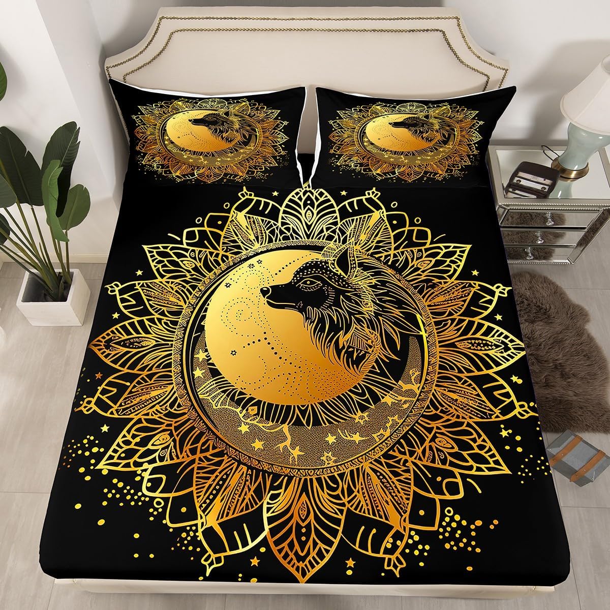 Erosebridal Boho Mandala Bed Sheets Bohemian Flower Fitted Sheet Full Size, Hippie Wolf Print Bedding Black and Gold Sheet, Tribal Ethnic Nordic Bed Cover (Deep Pocket)