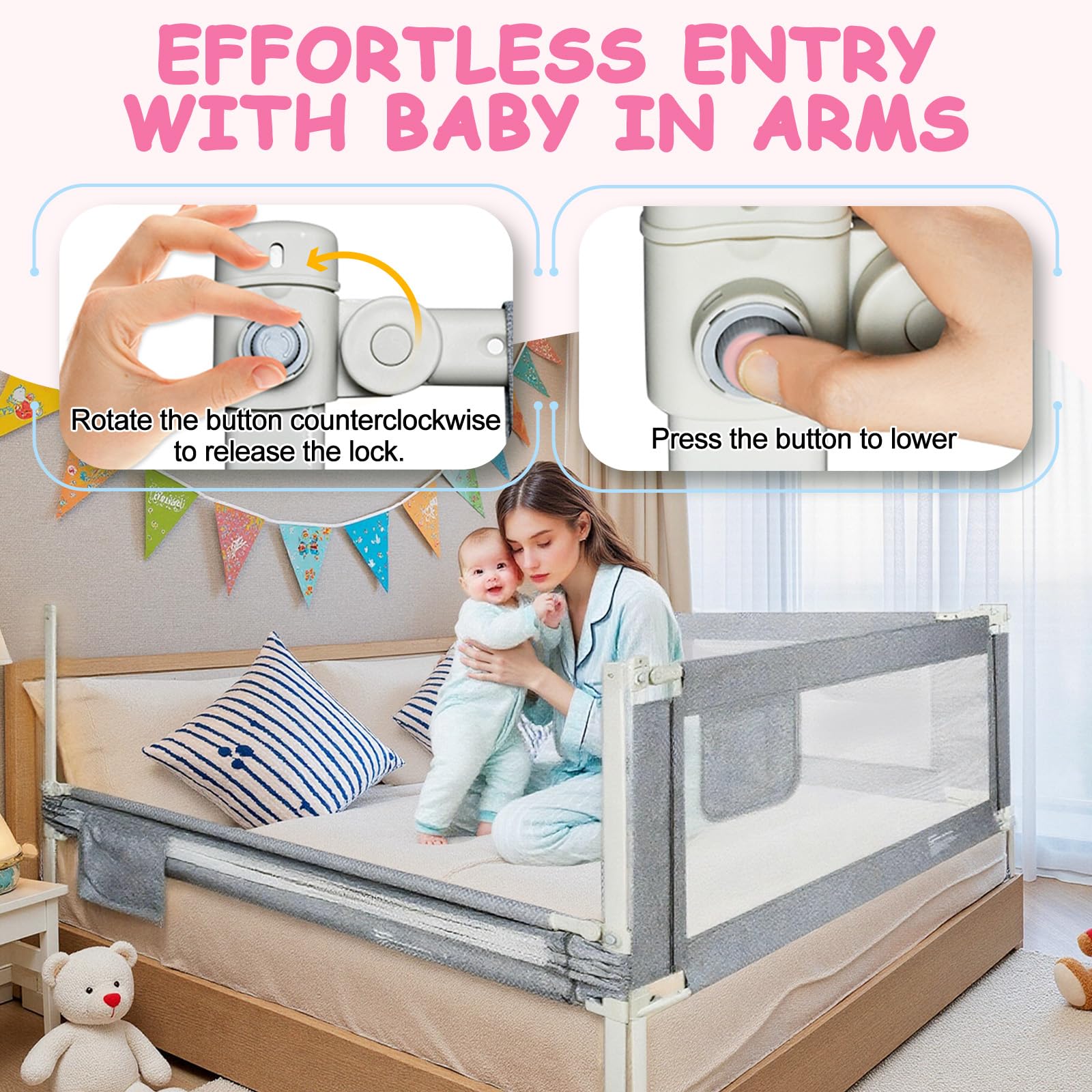 barrière de lit 70-93cm – modèle Vertical à Hauteur réglable 28 Niveaux, Longueur 180cm, pour Matelas Jusqu’à 30cm, Fixation Simple par Sangle en Y