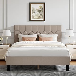 Novilla Full Size Bed Frame, Full Bed Frame with Wood Slats Support, Linen Upholstered Pull-Point Headboard, No Box Spring Needed, Heavy Duty Feet, Easy Assembly, Beige