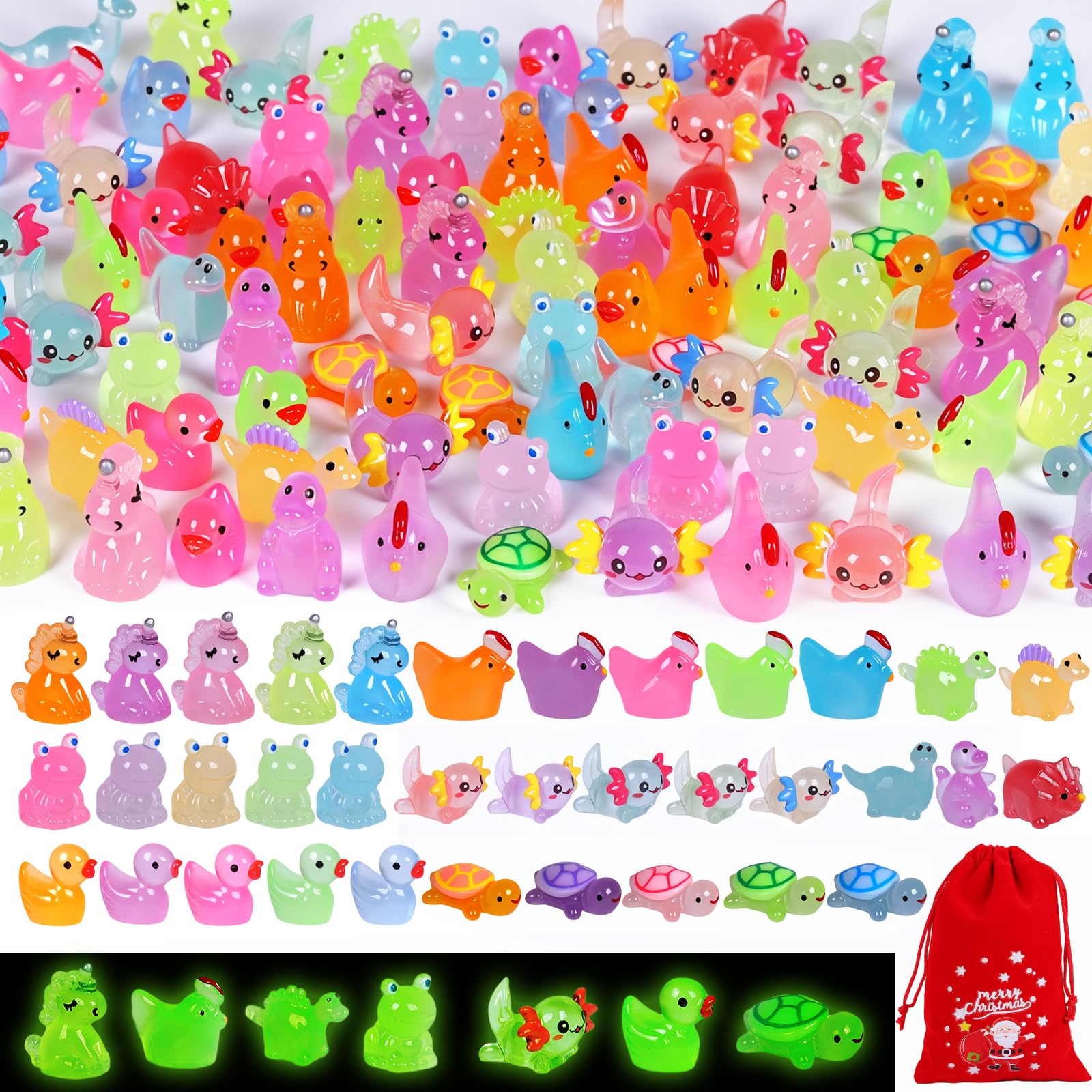 Mini Resin Animals Figurines 105pcs Luminous Tiny Resin Animals Bulk to Hide Miniature Glow in The Dark for Fairy Garden Accessories Micro Aquarium Decor Dollhouse DIY Crafts, for Christmas & Easter