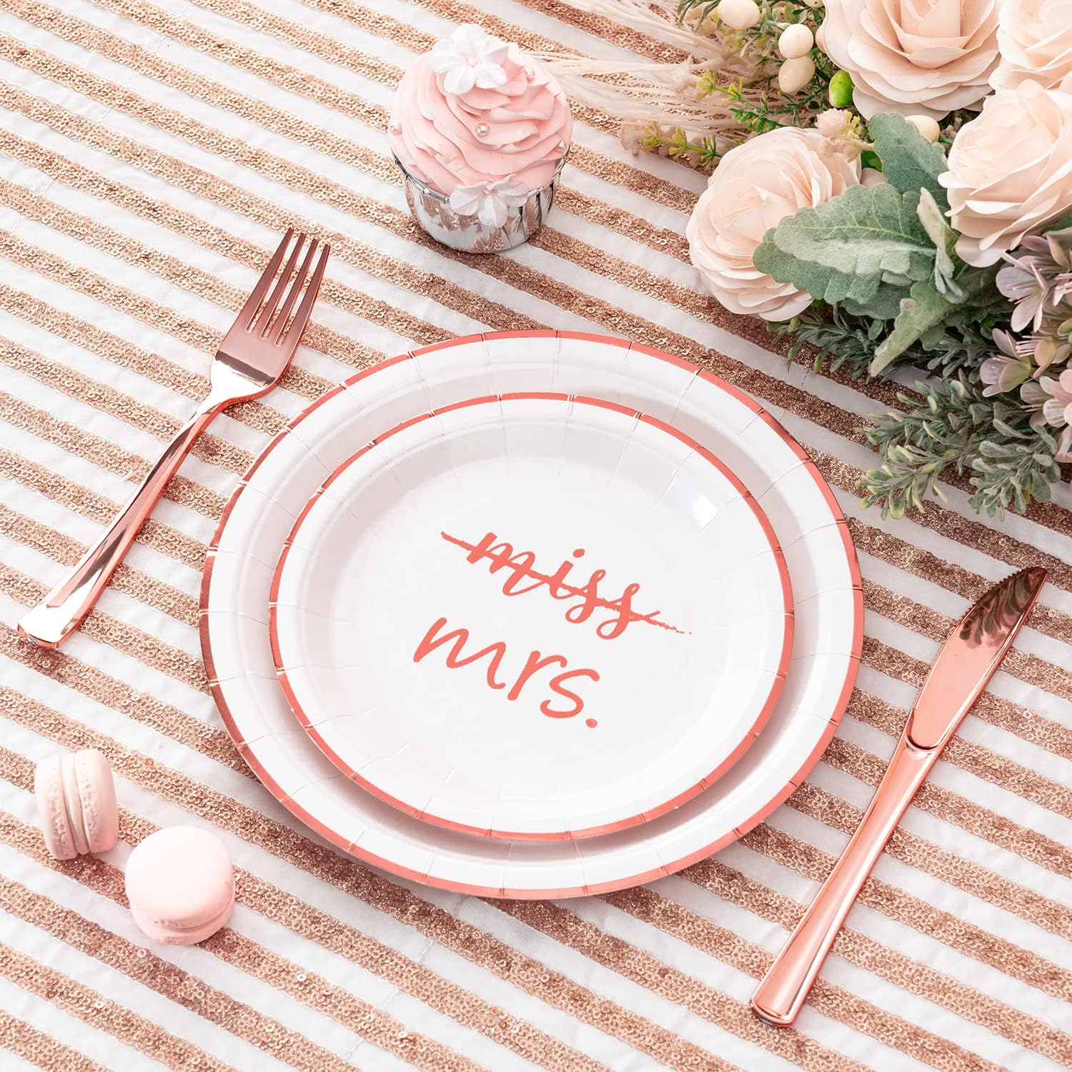 Crisky Rose Gold Miss to Mrs Napkins Plates Cups Set for Bridal Shower Engagement Bachelorette Party Decorations Supplies, Disposable Tableware Set of 24 (9" & 7" Plates, Luncheon Napkin, 9oz Cups)