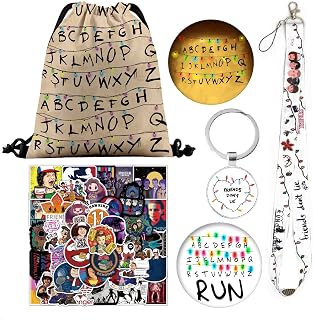 Stranger Merch Stuff Gift Set, Including Drawstring Bag, Stickers, Keychain, Button Pins, Lanyard Pink