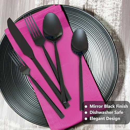 Miniatura 3 de Juego de cubiertos negros de acero inoxidable de 20 piezas, cubiertos con asa, moderno acabado espejo, servicio para 4, apto para lavavajillas