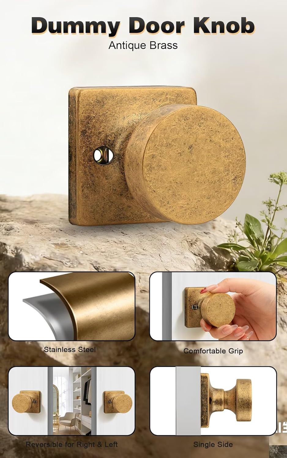 Probrico Dummy Door Knob Antique Brass Finish, 2 Pack Standard Size Interior Door Handles Single Sided Dummy Door Handles, Square Panel Knob for Closet