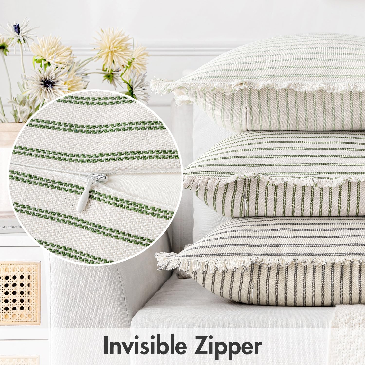 MIULEE Pack of 2 Olive Green Christmas Pillow Covers 18x18 Inch Striped Farmhouse Couch Spring Throw Pillow Covers with Fringe Chic Linen Decorative Cushion Covers for Sofa Living Room Bed Home Decor