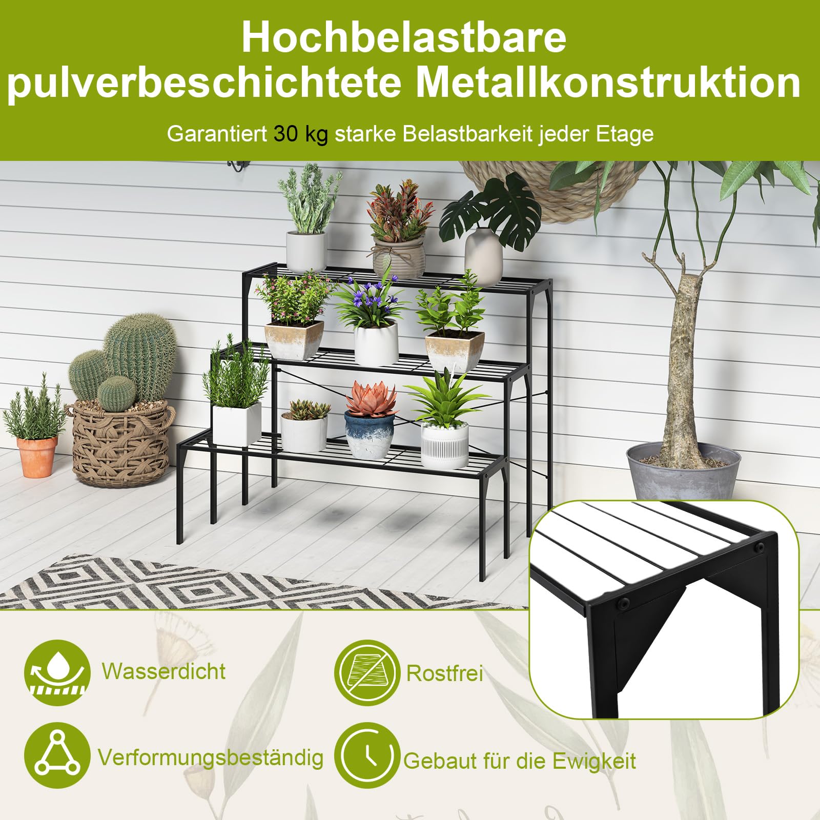 COSTWAY Metalen bloementrap, 3-traps plantenstandaard, multifunctioneel