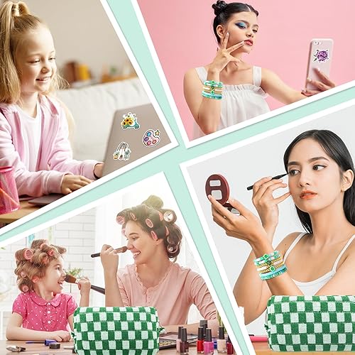 Miniatura 5 de Set de bolsa de maquillaje a cuadros con 7 pulseras Heishi y 50 pegatinas rosas Linda bolsa de viaje para cosméticos Regalos perfectos para niñas
