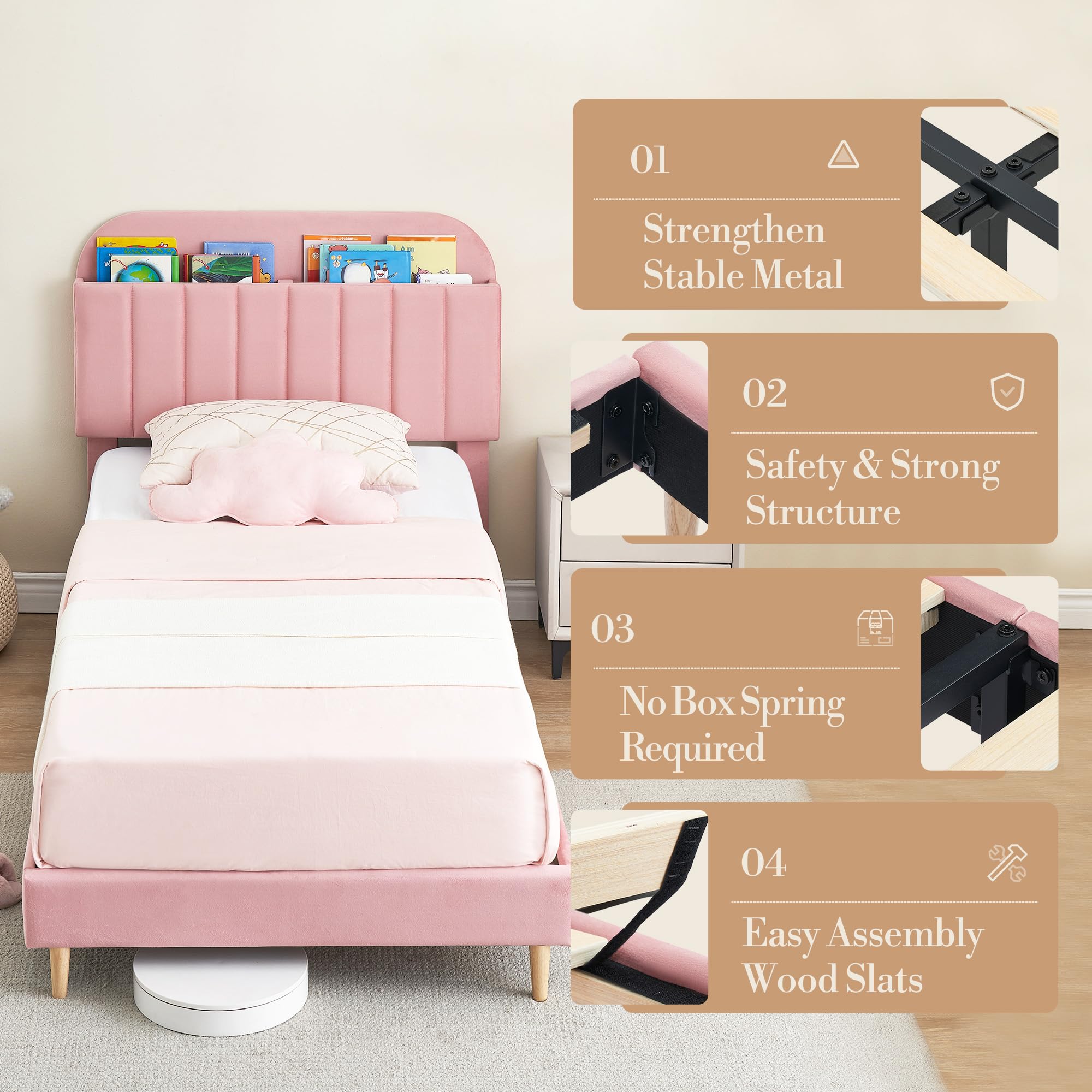 Cama Infantil de 90 x 190 cm, Somier de Madera con Almacenamiento, Cama de Suelo con Varias Patas, Cabecero Acolchado, Cama de Asiento Montessori para Habitación Infantil, Niño/Niña, Rosa