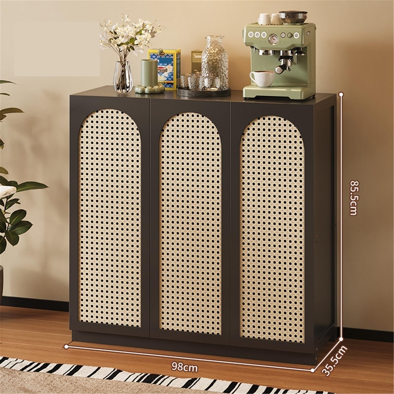Mueble aparador Aparador de Cocina Retro for salón, almacenaje, ratán, Tres Puertas, Blanco/Negro Mesa de Centro Consola(Negro)