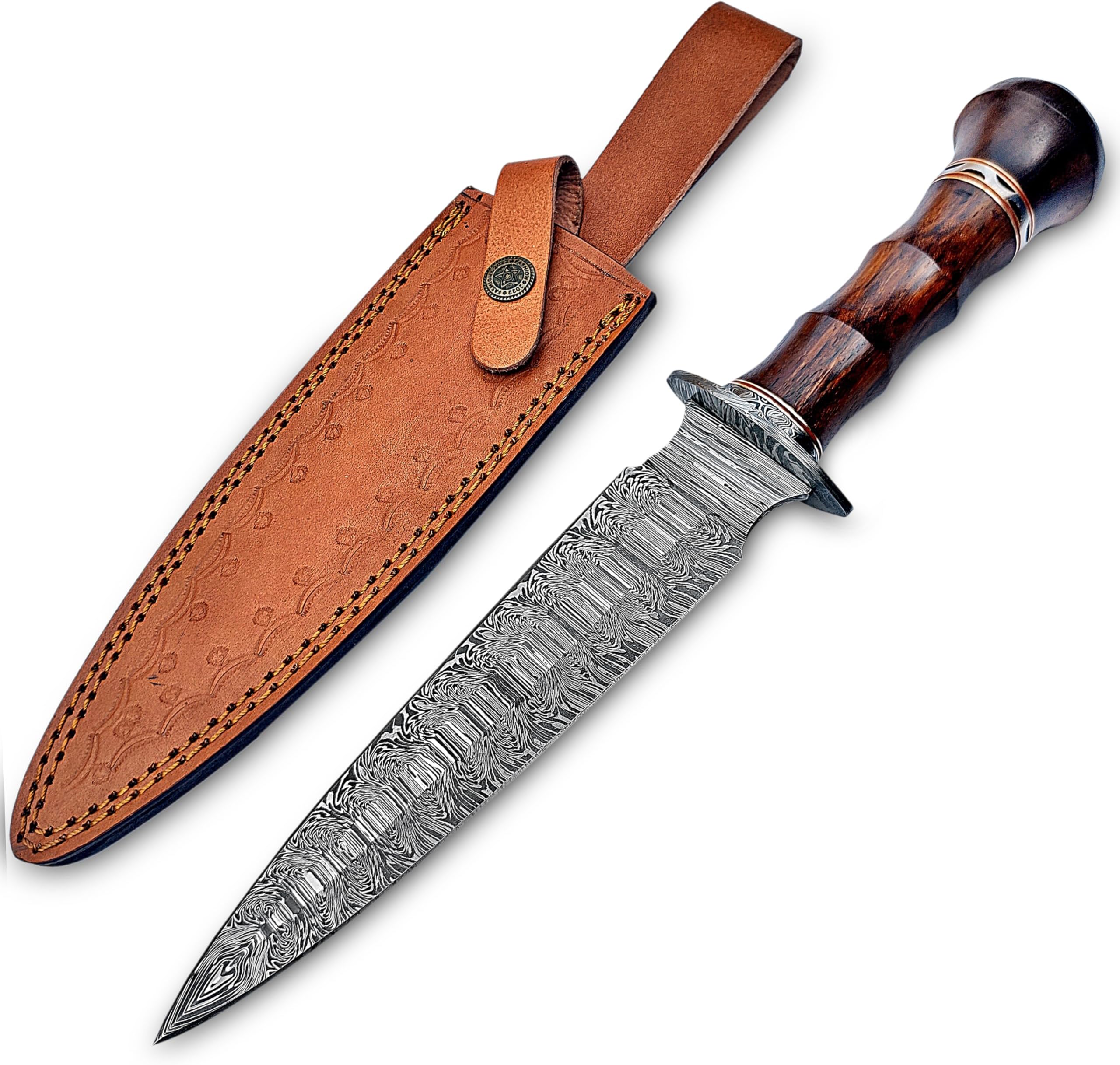 - Handmade Damascus Steel Dagger Knife, 13 Inches Hunting knife Perfect Grip with Wood Handle, EDC Fixed Blade Knife With Leather Sheath for Camping, Tactical, Survival