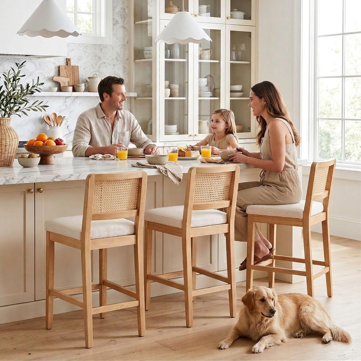 Wahson Counter Height Bar Stools Set of 2, Farmhouse Rattan Bar Stool with Back, Upholstered Wooden Barstools Mid Century Modern Breakfast Bar Chairs for Kitchen Island, Chenille Beige