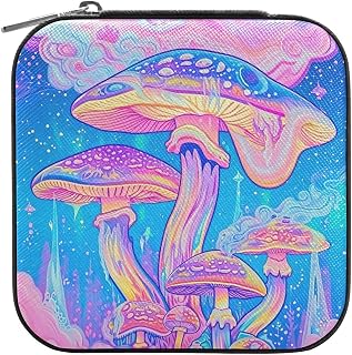 Small Travel Jewelry Box, Portable Jewelry Organizer Case with Zipper | PU Leather Mini Jewelry Holder with Removable Dividers for Rings, Earrings, Necklaces & Bracelets, Colorful Mushrooms