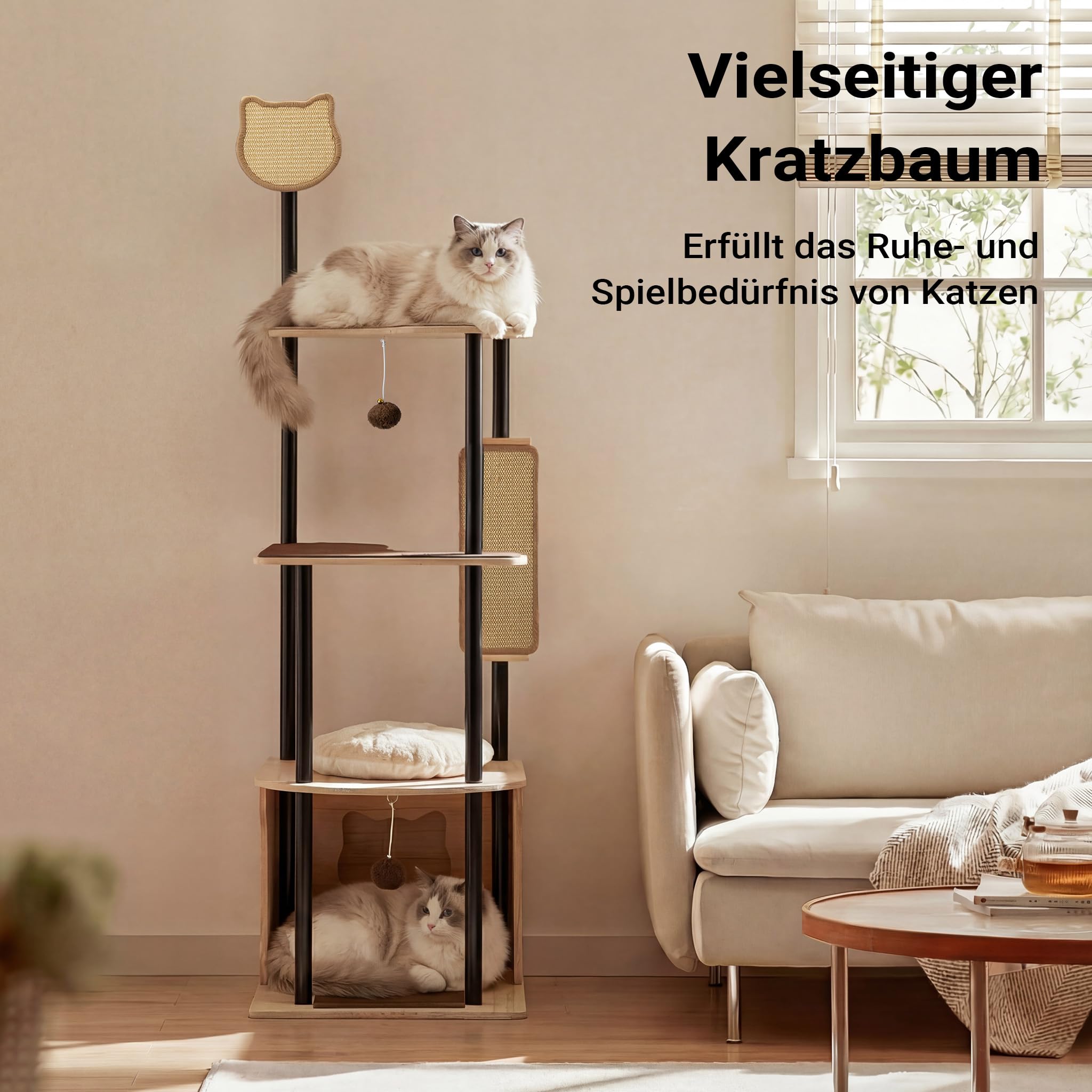 Fudajo Kratzbaum aus Metall 48 x 48 x 168 cm mit Sisal, Kratzmöbel mit Kratzbrett, Katzenbaum mit großer Liegefläche und modernem Design