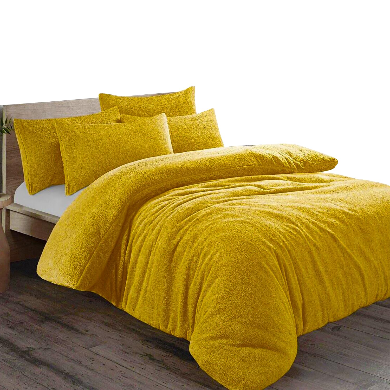Teddy Fleece Plain Duvet Cover Set with Pillowcase - Single Ochre Soft Cosy Thermal Warm Luxury Bedding Set Cuddly Comforter Quilt Cover with Matching Pillow Case