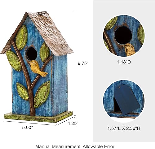 Miniatura 57 de Glitzhome Casas para pájaros para exteriores, casa de pájaros de madera maciza envejecida de gran tamaño de 15 pulgadas de largo con flores 3D