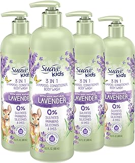 Kids Natural Lavender Oil 3-in-1 Tear Free, Body Wash, Shampoo and Conditioners, No Sulfates, No Parabens, No Silicones, No Dyes, 16.5 Oz Pack of 4