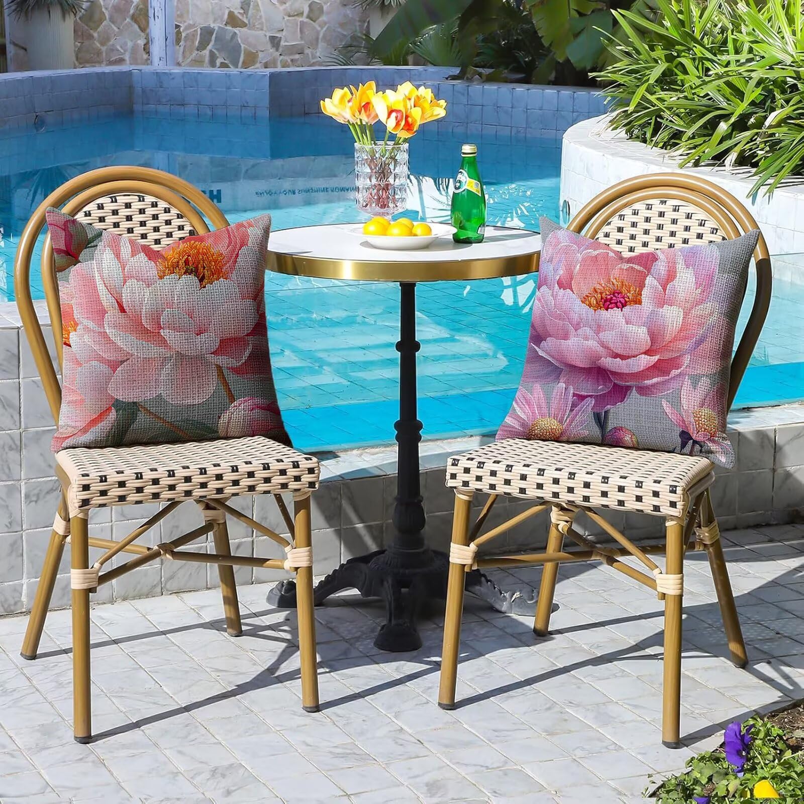 Funda Cojin 55x55 Pack de 4 Rosa Cojines de Exterior Impermeables de Lino, Cuadradas, Decorativas PeoníA para Sofá, Muebles de Jardín, Sofá, Cama Banco, Decoración Rústica, Regalos para Mujeres G9-865