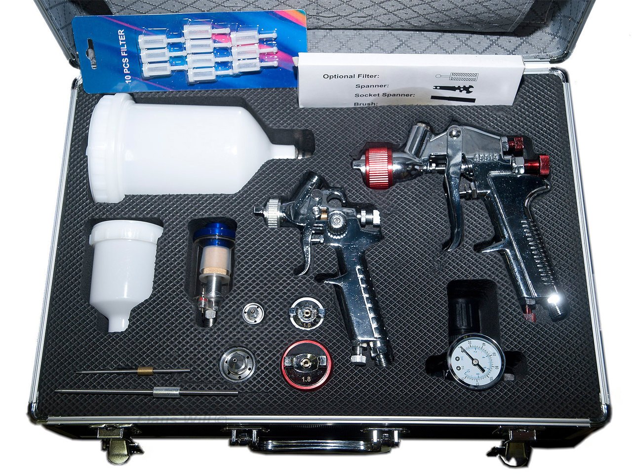 2 Lackierpistolen Set inkl. Zubehör + 10 Lacksiebe 190 my