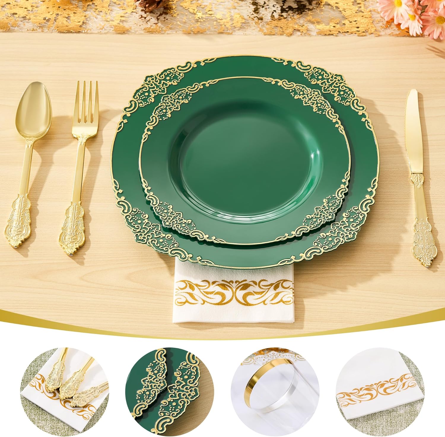 350pcs Green Plastic Plates, Elegant Disposable Dinnerware Set, 125 Pieces, White and Gold, Plates, Cups, Cutlery and Napkins (Green, 50 Guests)