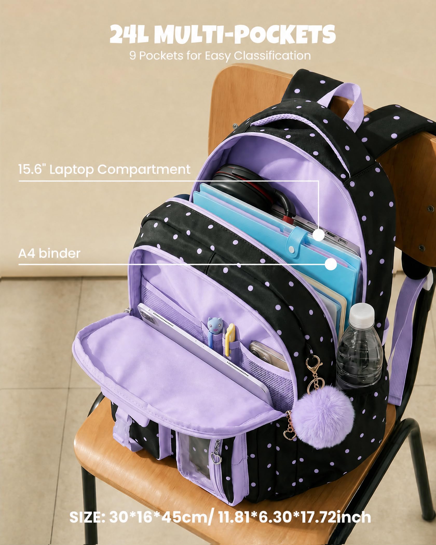Amythe Mochila Escolar Niñas Clases de 1 a 6 Grande Ligero, Morado