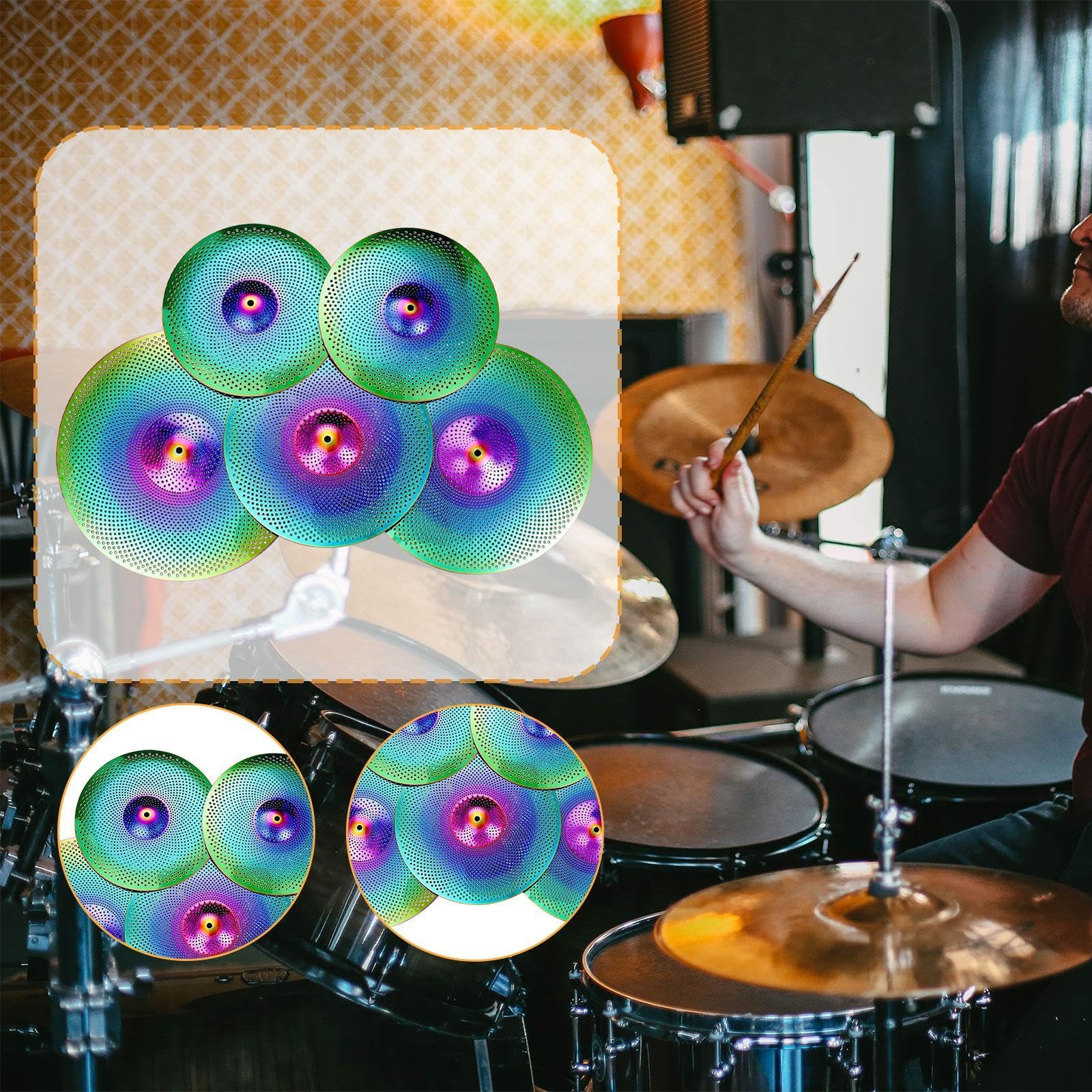 Colcolo Cymbals de bajo volumen 5x Pack Mute Cymbal Juego de principiantes Regalo ligero para la práctica de Drmer para la habitación de la sala de ensayo, Vistoso