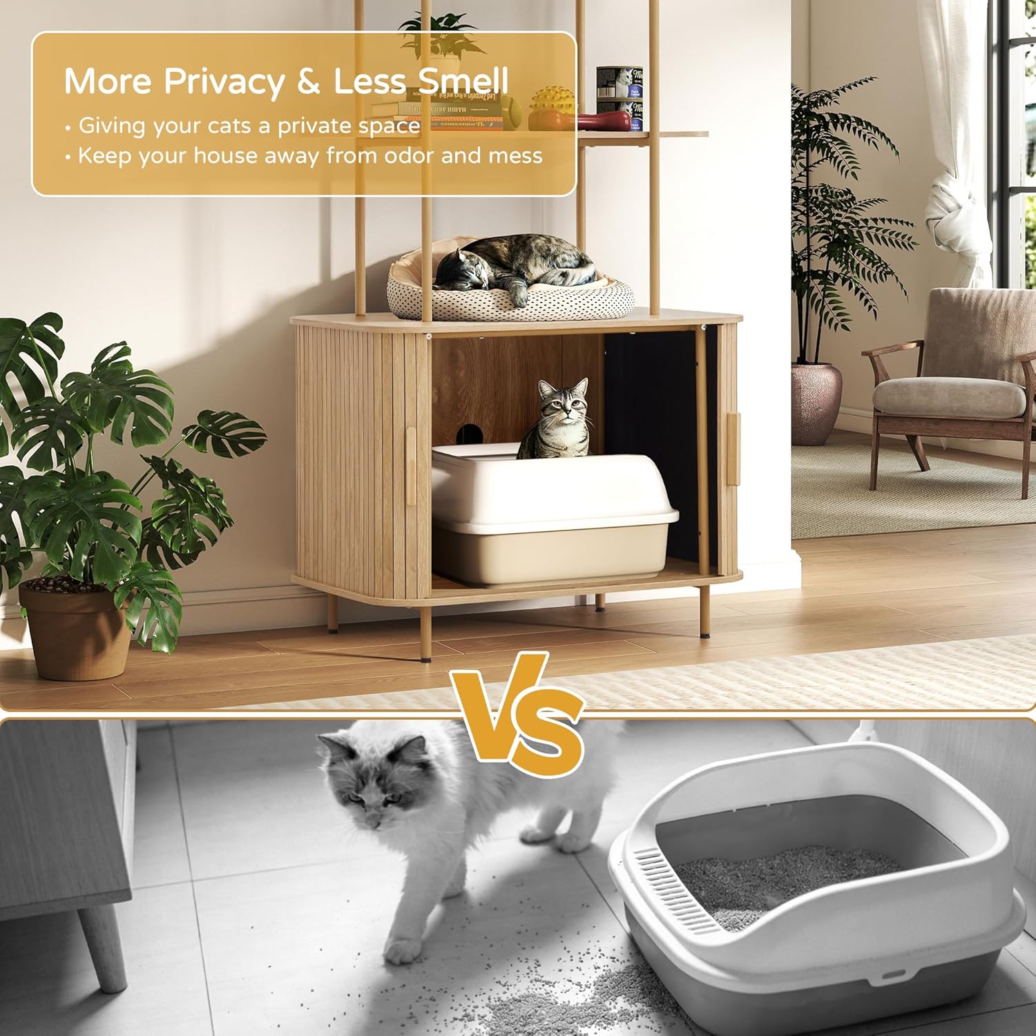 Cat Litter Box Enclosure with Shelves, 62" Natural Wooden Sliding Door Hidden Litter Box Cabinet, Modern Cat Litter Box Furniture Cat Litter House Pet House for Living Room