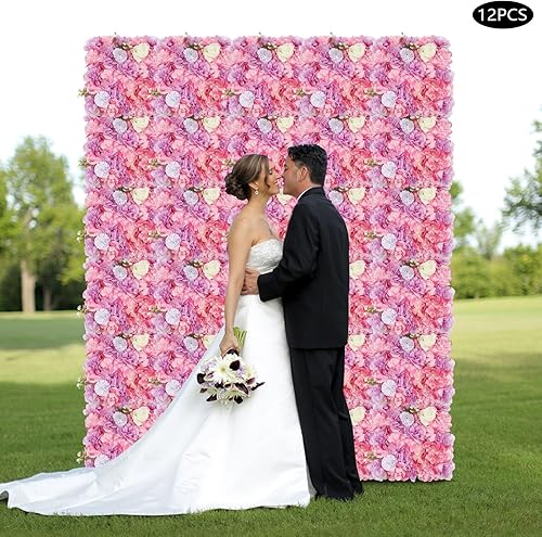 Miniatura 8 de LOHISHILO 12 paneles de pared de flores 3D de seda artificial, fondo de pared de flores de rosa de seda para boda, día de San Valentín, ceremonia de