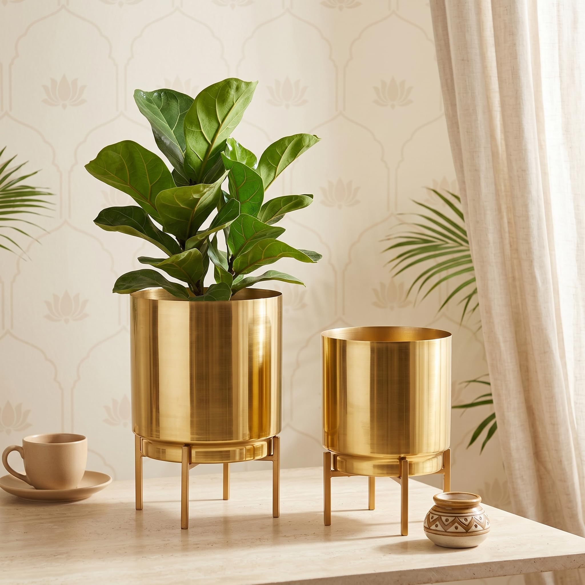 HomeShastra® Ember Gold Metal Planter Set with Stand | 10 Inch & 8 (Height) by 7 Inch & 6 Inch (Dia) | Planters for Living Room, Bedroom Dec (Set of 2) 4
