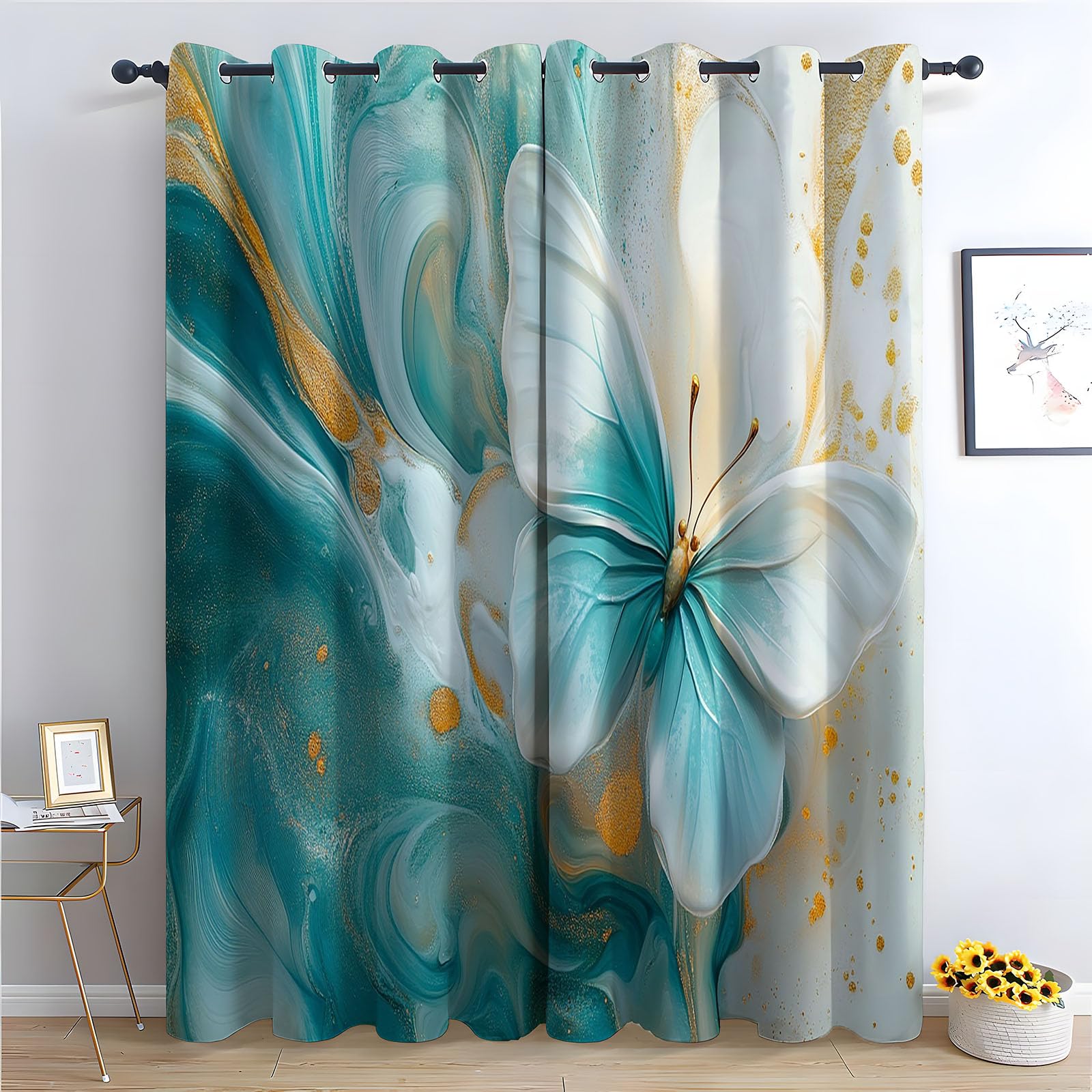 TERUEA Fabric Pattern Neutral Decor Abstract teal fluid white gradient butterfly gold foil Window, Flowers, Garden Washable Polyester Fabric Curtains for Outdoor-63 W x 90" L (Pack of 2)