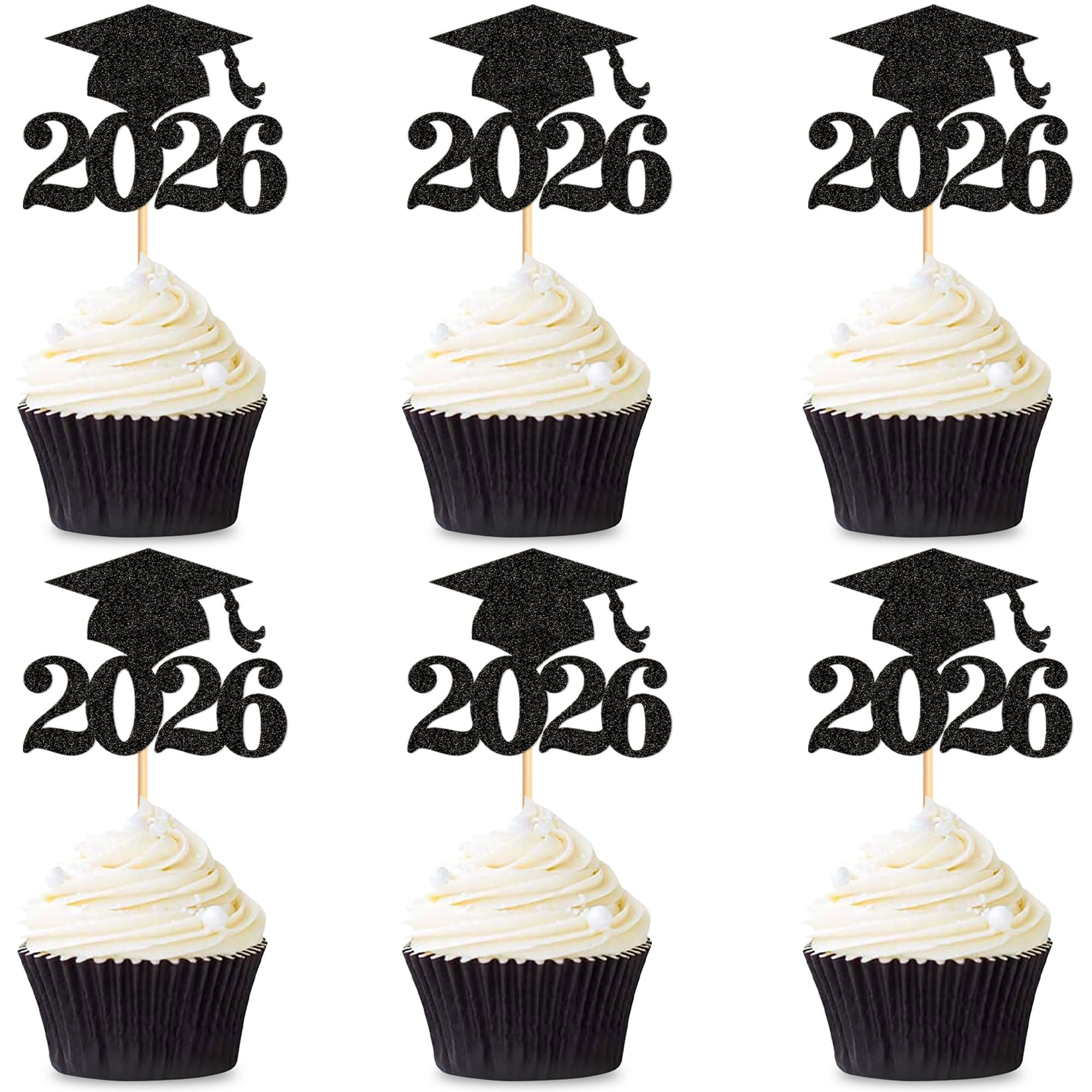 Blumomon 36Pcs Black Glitter Graduation Cap Cupcake Toppers Class of 2026 Grad Cap Cupcake Picks for 2026 Graduation Theme Party Cake Decorations Supplies — image 1