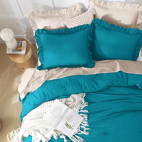 Miniatura 132 de Andency Juego de edredón beige tamaño King, 3 piezas estilo farmhouse shabby chic con volantes, ligero esponjoso suave de microfibra para todas