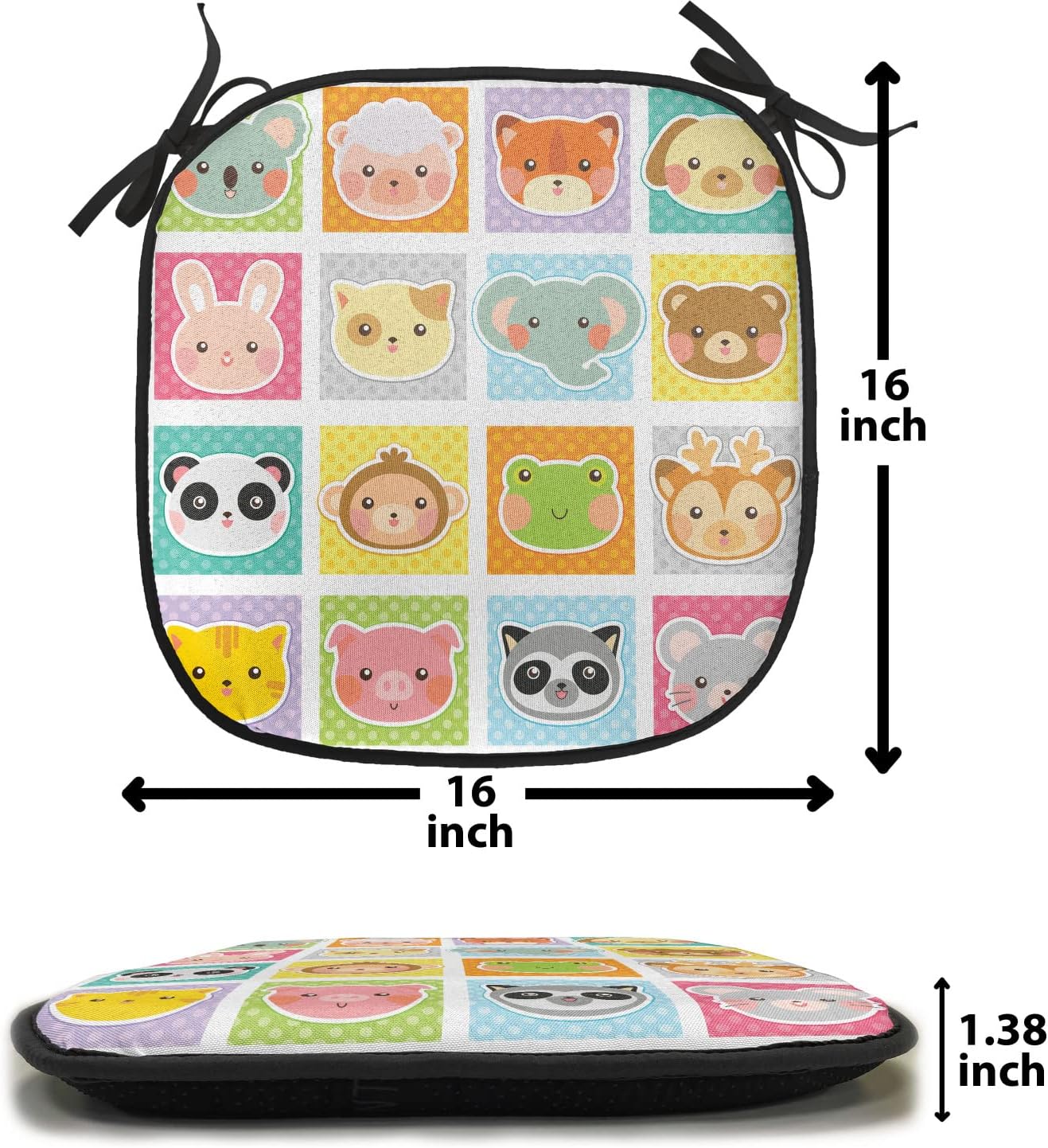 Lunarable Zoo Chair Cushion Pads Set of 2, Zoo Animal Faces Print Traditional Polka Dot Background Cartoon Style Manga Inspired, Anti-Slip Seat Padding for Kitchen & Patio, 16"x16", White Teal