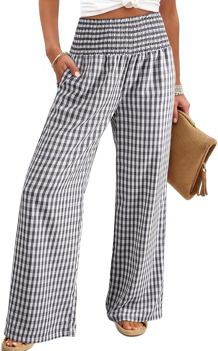 Dokotoo Pantalones casuales de pierna ancha a cuadros de otoño para mujer 2026 | Talle alto,Pantalones de maternidad,Pantalones palazzo lounge,Elástico wasited,Ropa de playa boho con bolsillos,Hogar,Oficina con bolsillos