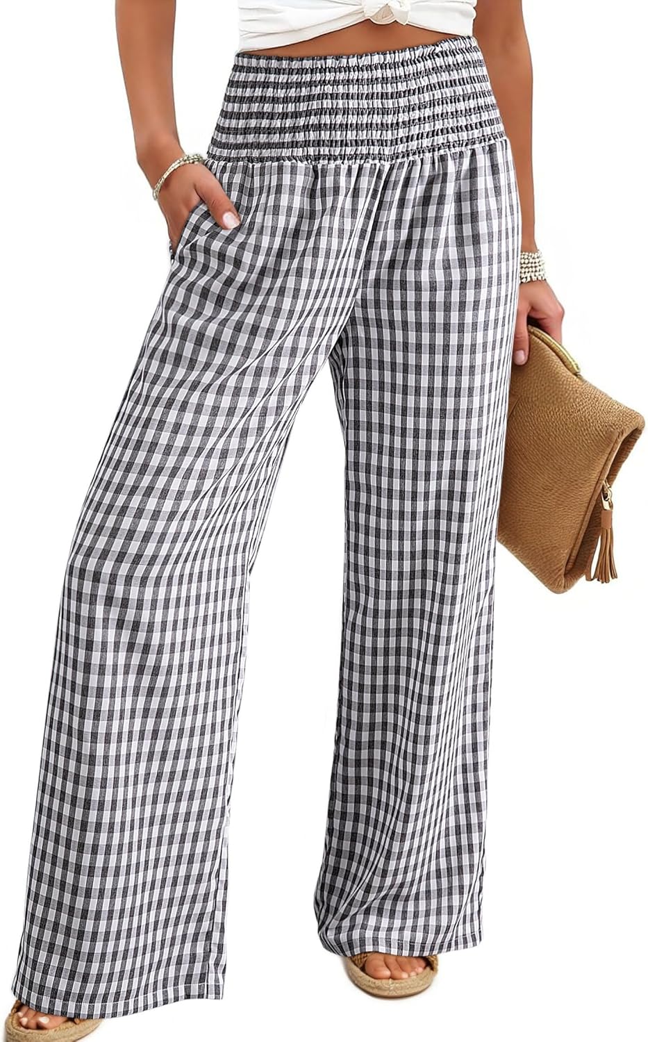 Dokotoo Womens Striped Gingham Pants 2026 Casual Pants Cute Comfy Bottoms with Pockets Plaid Outfits thumbnail