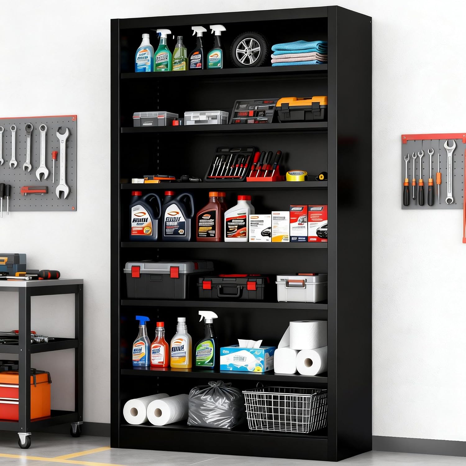 OSEILLC 6-Tier Adjustable Steel Garage Storage Shelf with Back Panel, Heavy-Duty Open Shelving Unit (7 Storage Spaces) for Tool Chest, Workshop, Organizing Tools & Supplies (Black)