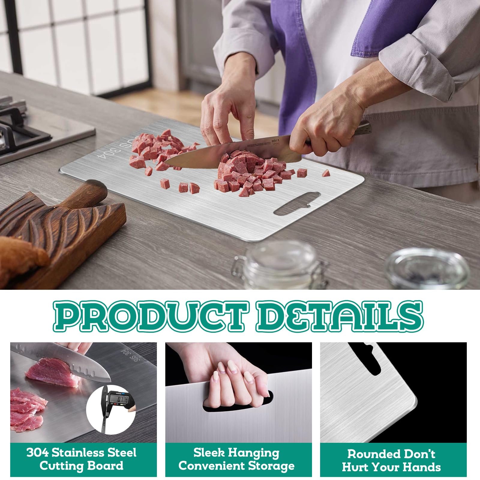 Tagliere in acciaio inox, double-face, per cucina