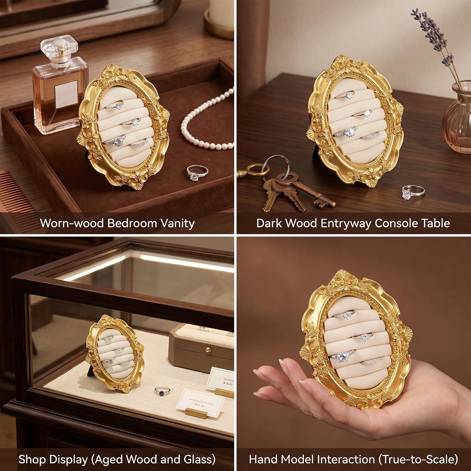 Vintage Ring Holder, Gold Resin Jewelry Display Box with Velvet Lining