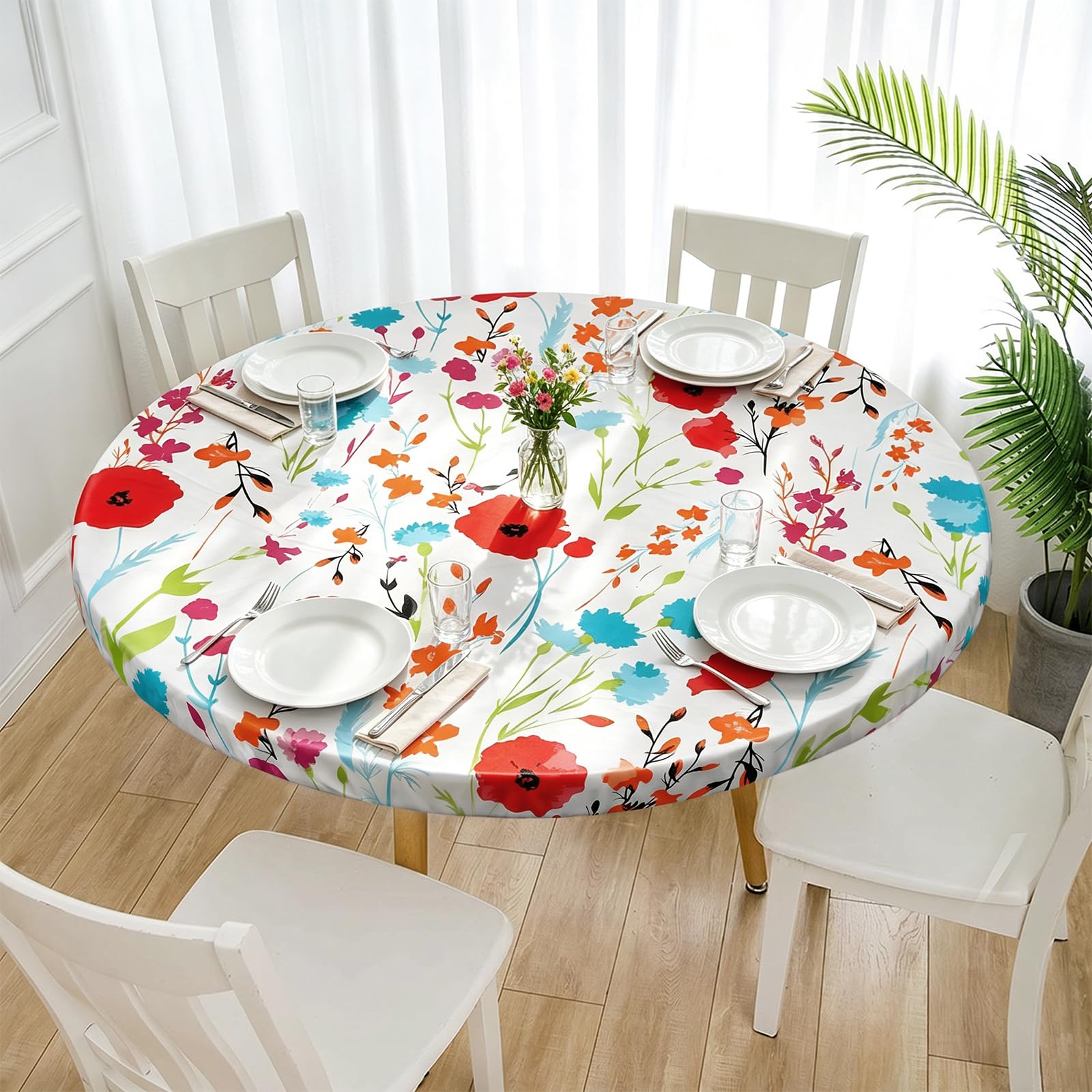 Round Fitted Tablecloth with Elastic Edge, Wipeable Flannel Backed PVC Table Cover for 90-110cm, Waterproof Non Slip Table Protector for Dining Room, Kitchen, Picnic(Red)