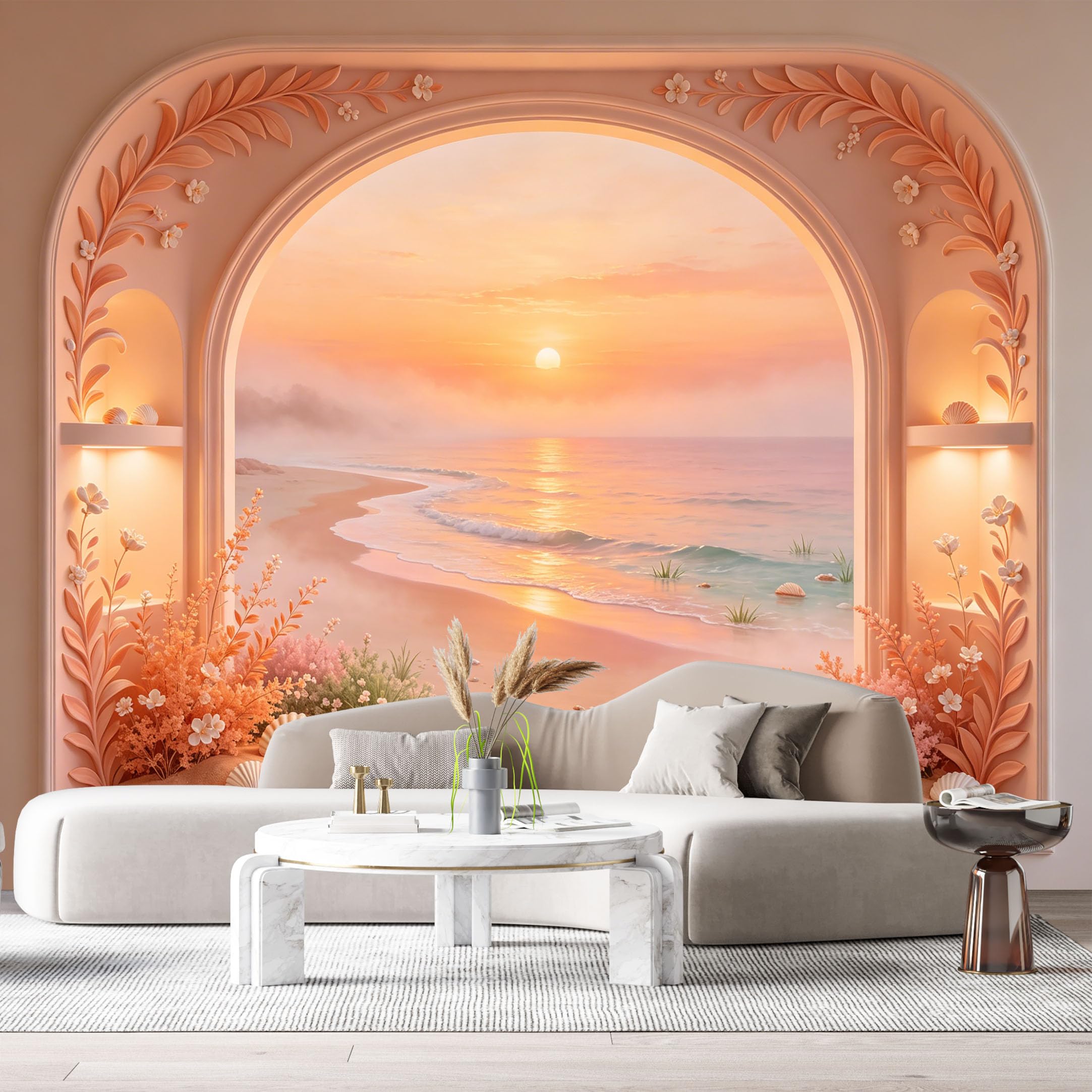 Custom Size Wall Murals Coastal Sunset Ocean Beach Archway 3D Trompe L'Oeil SelfAdhesiveWall Fabric Removable Wallpaper Wall Decor for Living Room Bedroom Bathroom